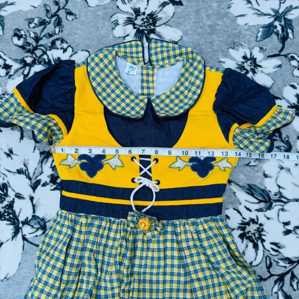 Vintage Narci Stell Dress Kids Size 10 Yellow Blue Plaid New With Tags Folk Lace